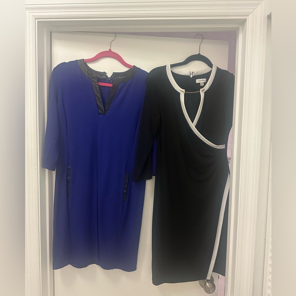 Calvin Klein Blue and Black Long Sleeve Dresses